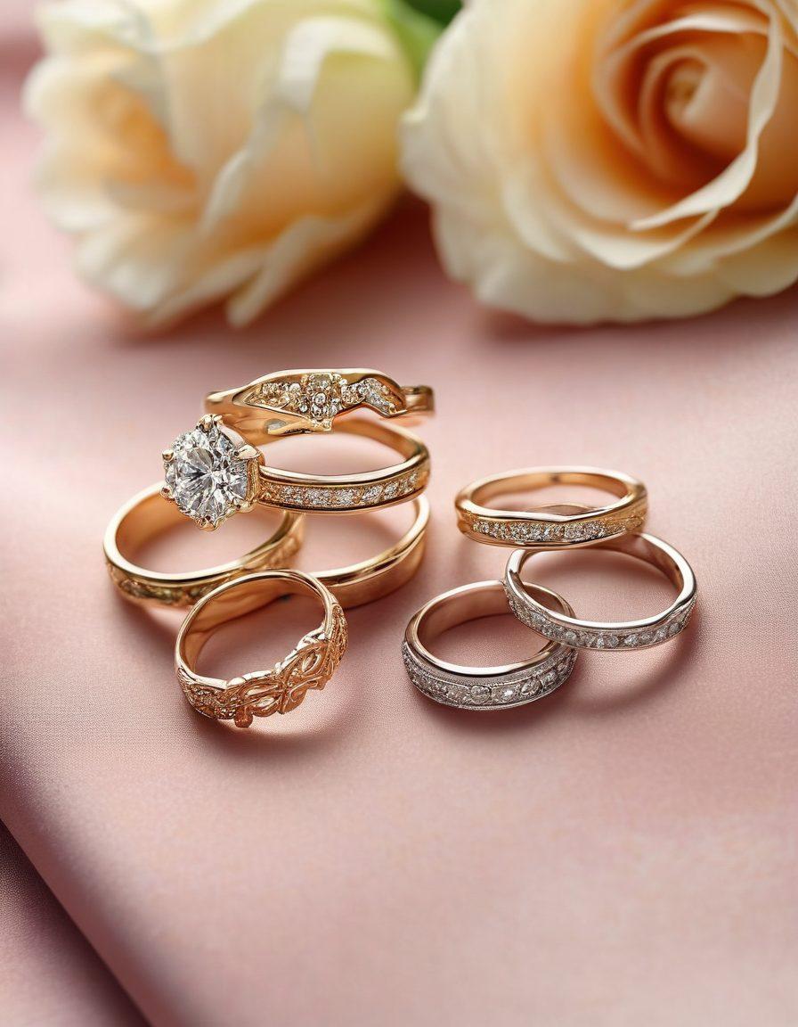 A delicate arrangement of various simple and stylish rings on a soft velvet background, showcasing their elegant designs. Include a gentle light reflecting off each ring to highlight the craftsmanship, with subtle floral elements in the corners to enhance the theme of sophistication. The composition should evoke a sense of luxury and timelessness. super-realistic. vibrant colors. soft focus.
