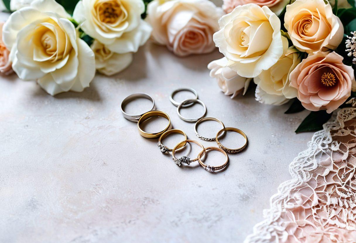 A beautifully arranged flat lay featuring various plain rings in different metals (gold, silver, rose gold) adorned with soft fabrics like lace and silk, alongside delicate flowers symbolizing both bridal and everyday wear. The background should be soft and neutral to enhance the elegance of the rings. Include an open bridal magazine and a cozy coffee cup to reflect lifestyle and fashion. super-realistic. vibrant colors. soft background.