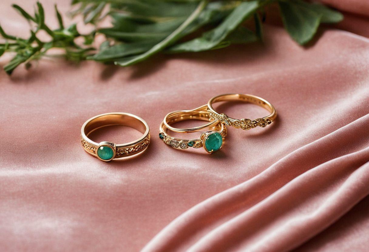 A beautifully arranged flat lay of affordable jewelry pieces, including rings, bracelets, and necklaces, elegantly displayed on a soft velvet cloth. Incorporate a hint of greenery in the background to symbolize nature and affordability. Use a subtle bokeh effect to create a dreamy ambiance that highlights the elegance of the jewelry. Warm, inviting lighting enhances the luxurious feel while showcasing the details of the pieces. super-realistic. vibrant colors. soft focus.